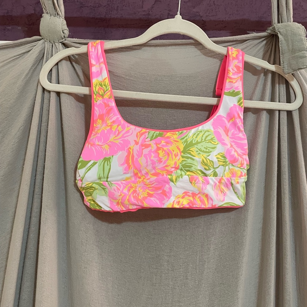Bloomingdale's Pink and Green Floral Bikini Top S